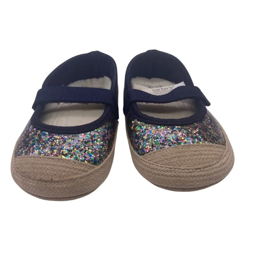 Carters Baby Girl Glitter Mary Jane Shoes 9-12 Months Blue‎  Jute Sole Non Slip